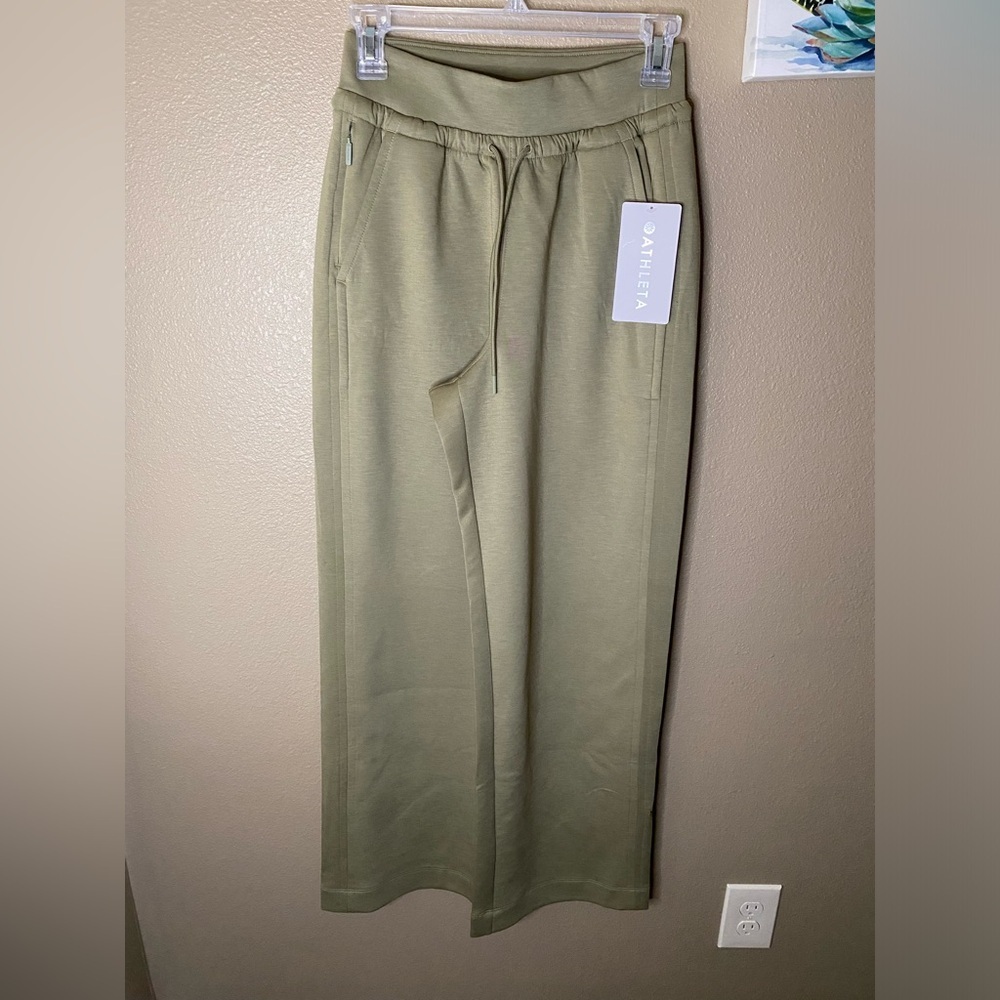 Athleta XS Tall Allure Wide Leg Sweat Pants Olive/Taupe High Rise Lounge Casual